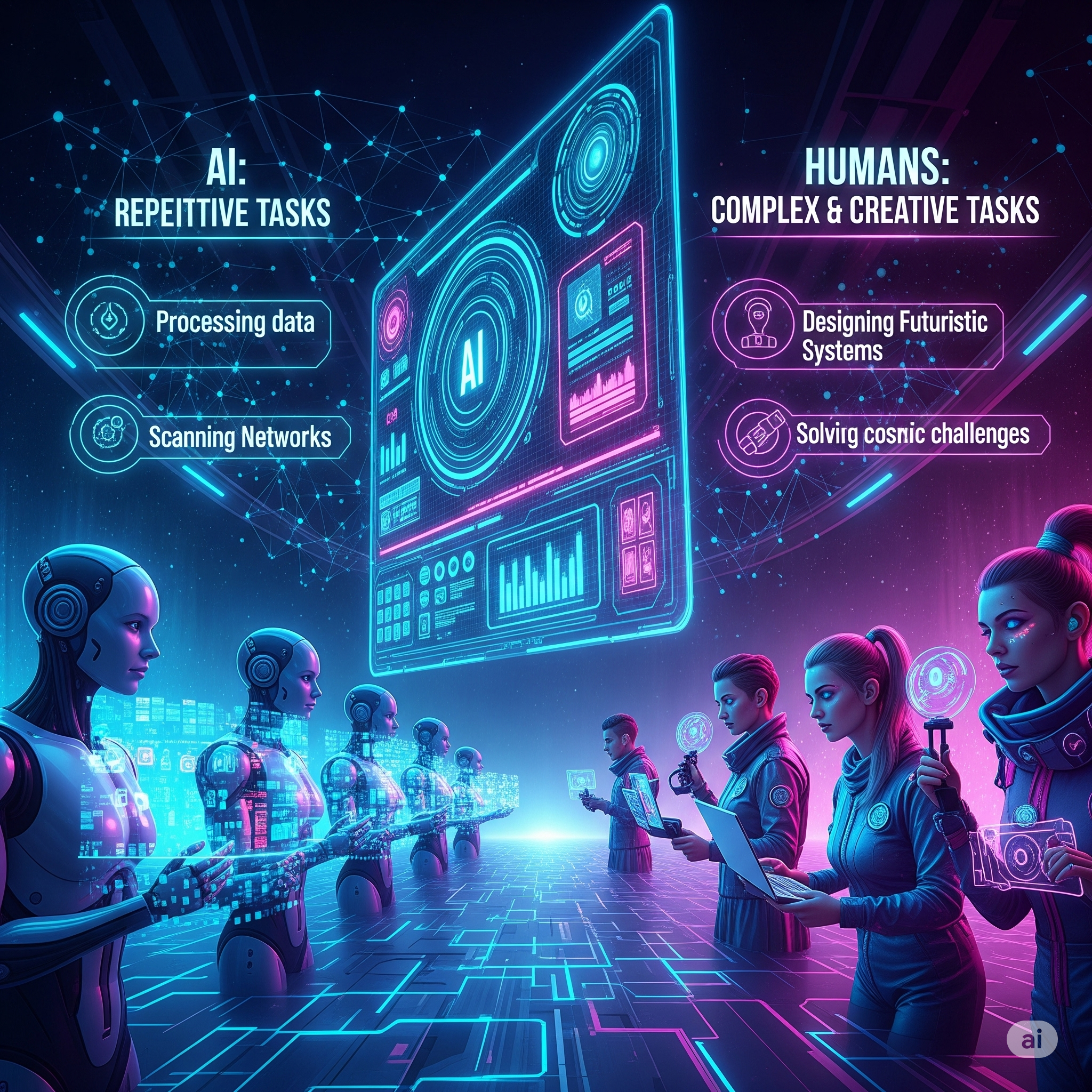 Epic sci-fi scene of AI managing data streams and humans designing futuristic systems