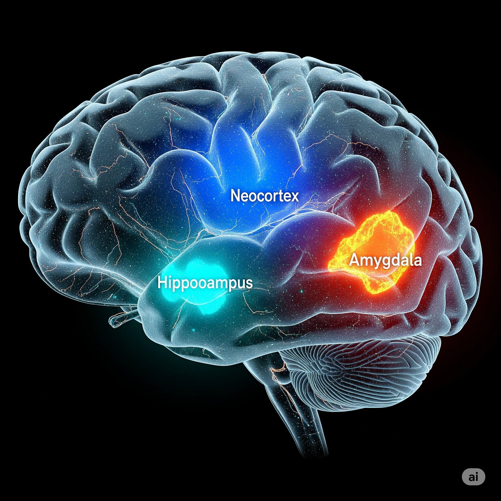 Anatomical view of the brain highlighting the Hippocampus, Neocortex, and Amygdala