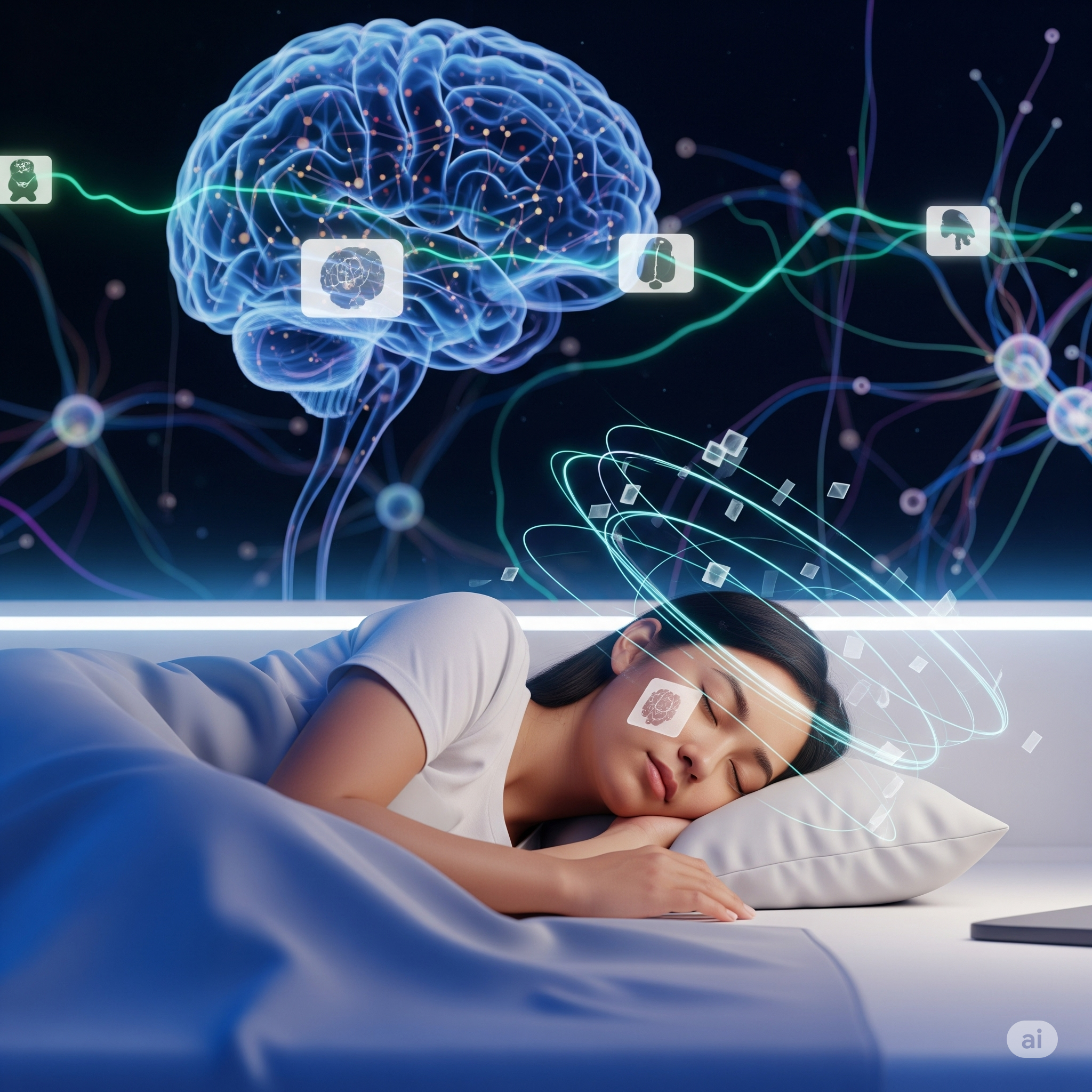Illustration of a person sleeping with visible brain activity indicating memory consolidation