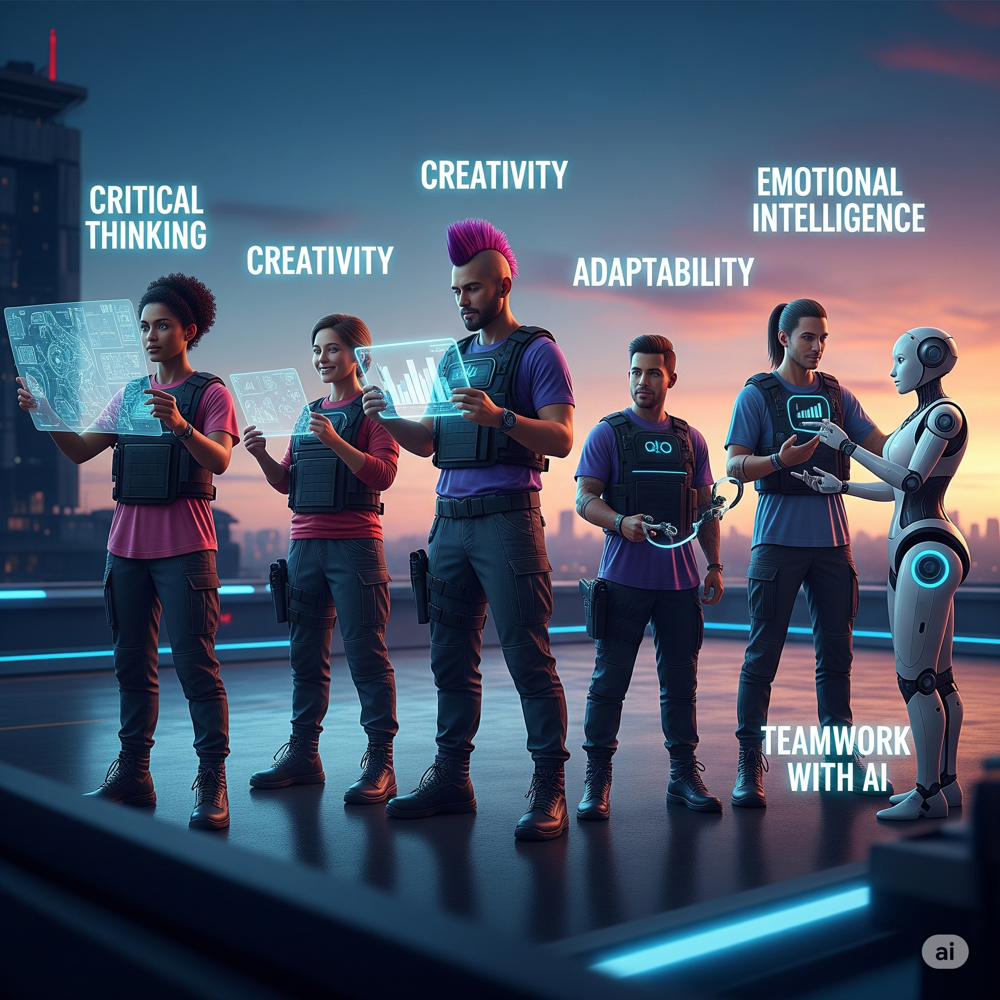 Icons representing critical thinking, creativity, and emotional intelligence in a futuristic setting