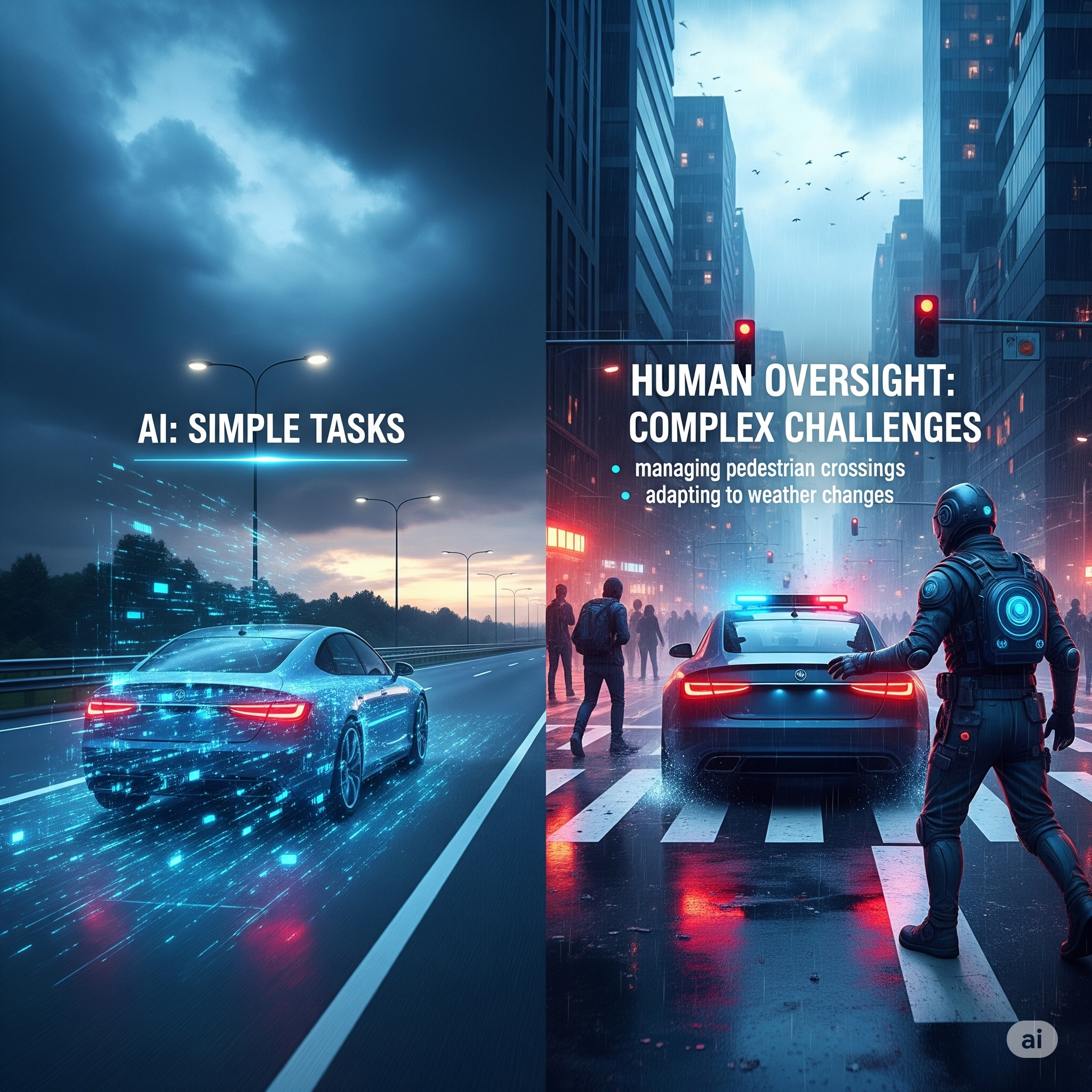 Realistic sci-fi scene of a self-driving car struggling in city traffic with human oversight
