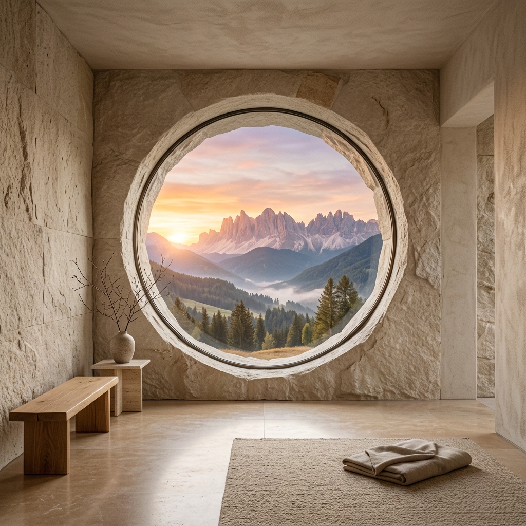 A circular aperture looking out over mountains at sunrise, representing the six goal domains in harmony