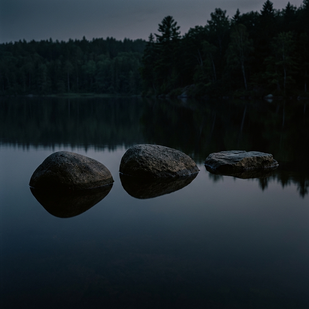 Three distinct stones placed across calm reflecting water, representing identity, direction, and accomplishment