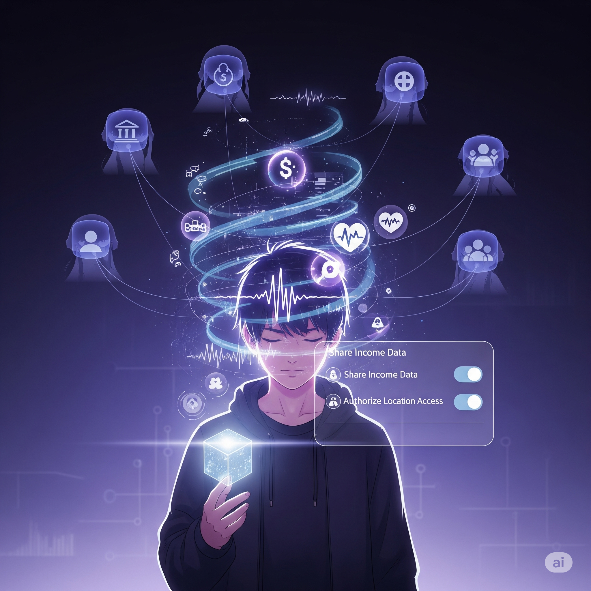 A digital aura representing a person's personal data, surrounded by privacy locks and security symbols.